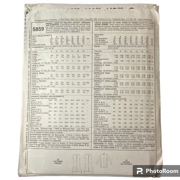 McCalls 5859 Dress Jacket Romper Pattern Miss 6-12 Princess Seams Loose Fit - Picture 4 of 5